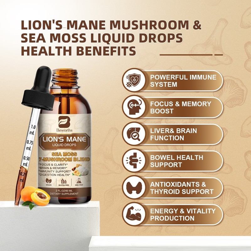 Lions Mane Mushroom Liquid Drops 7 Mushroom Complex for Cognitive