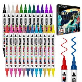 ADADA 24 Colors Acrylic Paint Markers, Dual Tip Acrylic Paint Pens with Fine Tip & Brush Tip and 40% Additional Ink for Wood, Rocks, Canvas, Paper, Colouring Books, Fabric, Glass, DIY Crafts