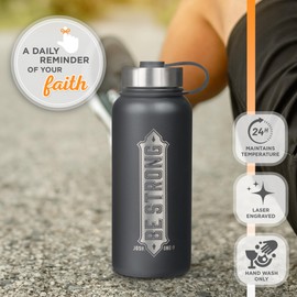Christian Art Gifts Large Stainless Steel Double Wall Vacuum Sealed Insulated Scripture Water Bottle for Men & Women: Be Strong - Engraved Inspirational Bible Verse Hot/Cold, Black/Silver, 32 oz.