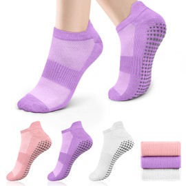 Tobfit 3 Pairs Pilates Socks for Women Non Slip Grip Sock Yoga Socks Ankle Grippy Sock Woman Pink+White+Purple