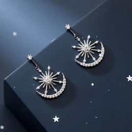Yheakne Boho Star Drop Earrings Silver CZ Star Moon Earrings Dainty Rhinestone Charm Festival Earrings Heavenly Jewellery for Women and Teen Girls (Silver 2)