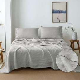 Simple&Opulence 100% French Linen Sheet Set Handmade Hemstitch-4 Pcs Natural Flax Farmhouse Bed Sheets(1 Flat Sheet 1 Fitted Sheet 2 Pillowcases)-Solid Color Soft Breathable Bedding-Light Grey, King