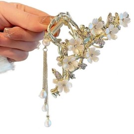 Large Butterfly Hair Claw Clips,Flower Butterfly Hair Claw Clips with Tassel Metal Pearl Nonslip Clamps Styling Accessories for Thick Long Hair Women (Gold, 11.5CM)