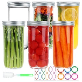 CARBLIN Wide Mouth Mason Jars 24 oz, 6 Pack Glass Canning Jars with Airtight Lids, Large Storage Jars with Labels Brush, Clear Mason Jars for Canning, Fermenting, Pickling, DIY Projects