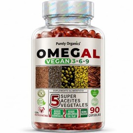 Omegal | Omega 3, 6 y 9 de origen Vegetal + Astaxantina con Ácidos Linoleico y Oleico | Omega 3 6 9 capsulas Vegano | Purely Organics, 90 Cápsulas