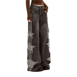 Lafaguw Baggy Jeans for Woman Girls Star Patchwork High Waist Cute Jeans Y2K Streetwear Loose Pants Grunge Emo Clothing (Black-M)