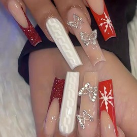 Christmas Press on Nails Long Square Fake Nails Red Glitter French False Nails with Design 3d Butterfly Charm Snowflake Glue on Nails Long Coffin Winter Xmas Acrylic Stick on Nails for Women 24Pcs