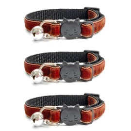 Velvet Cat Collars with Bell. Safe Breakaway Quick Release Buckle. Available in Cat & Kitten Size (Pack of 3) (Cat Collar (20cm - 30cm), Brown Velvet (Pack of 3))