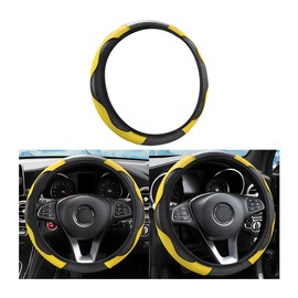Fekey&JF Car Steering Wheel Cover, Universal Microfiber PU Leather Elastic 15 inch Stitching Color Anti-Slip Steering Wheel Protector, Auto Interior Protection Accessories for Men Women (Yellow)