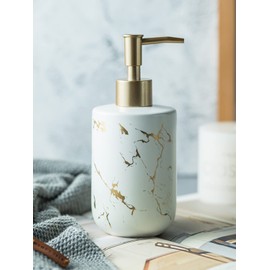 Yekiosok Ceramic Soap Dispenser,300ml Marbling White Dish Soap Liquid Lotion Hand Soap Bottle Container Dispenser with Gold Pump for Hotel Kitchen Bathroom