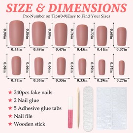 LuckForever 240pc Matte Square Press on Nails Medium Glue on Nails Brown Fake Nails Medium Square Acrylic Nails Press on Nails Full Cover Artificial False Fingernails with Nail Glue Adhesive Tabs