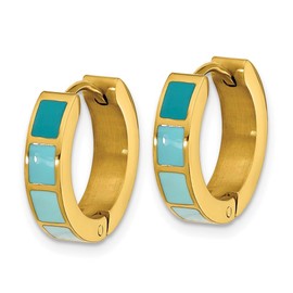 Diamond2Deal Stainless Steel Polished Yellow IP-plated Blue Enameled Hinged Hoop Earrings (L-0.59 Inch, W-0.15 Inch)