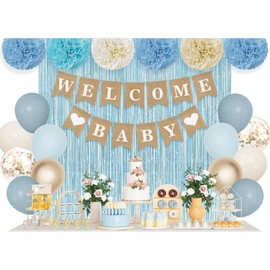 Dusty Blue Baby Shower Decorations for Boy, Welcome Baby Banner, Blue Champagne Foil Balloons, Paper Pom Poms, Boho Gender Reveal Party Supplies