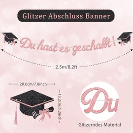 Glitter 2025 Graduation Decorative Garland, Du hast es geschafft Graduation Decorative Banner, Bachelor Hat Hanging Decoration for Graduation, Bachelor and Master Graduation Party Decoration (Rose