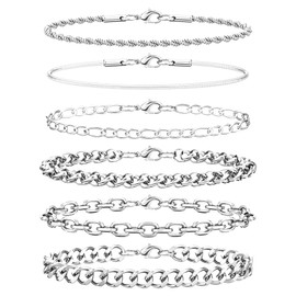6PCS Stainless Steel Bracelets for Men Women, Silver Cuban Link Rope Snake Wheat Chain Paperclip Figaro Jewelry Set, 8 Inches
