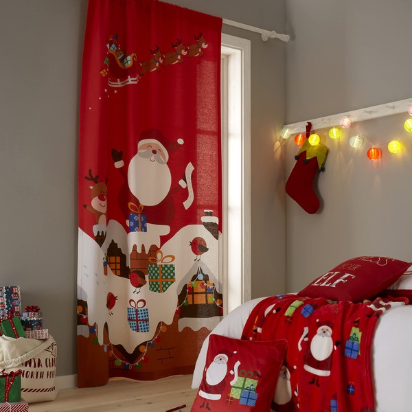 Catherine Lansfield Santa's Christmas Presents Cotton 46x90 Inch Slot Top Curtain Panel Red