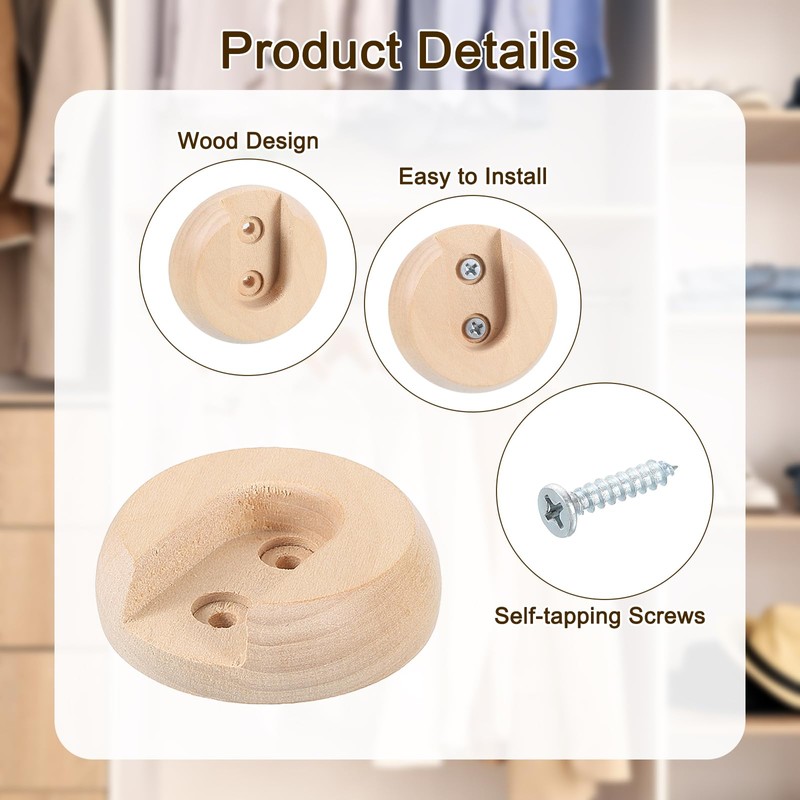 uxcell 6Pcs Wooden Closet Rod Holders, Wardrobe Rod Brackets End
