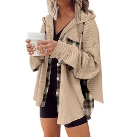 SHEWIN Womens Waffle Knit Plaid Shacket Button Down Shirts Hooded Jacket Boyfriend Shirts Long Sleeve Tops Fall Clothes for Women 2024 Khaki S