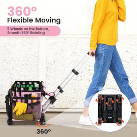 Housolution Extra Large Rolling Cleaning Caddy Bag with Detachable Trolley, Upgraded 360° Free Rotating with 5 Wheels and Dust-Proof Lid, Professional Cleaning Supplies Bag for Housekeepers, Pink