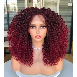 ANNIVIA Short Lace Front Wigs for Black Women Burgundy HD Lace Front Curly Wig Pre Plucked with Babyhair, Dark Roots Burgundy Red Synthetic Bob Kinky Afro Short Curly Frontal Hair Wig 16inch（Burgundy）