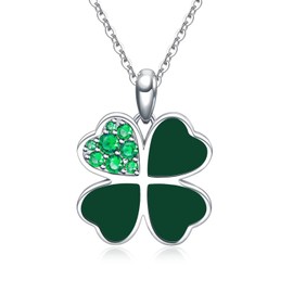 Qings Four Leaf Clover Necklace 925 Sterling Silver Heart Lucky Shining Green Leaves Pendant 16” with 4” Extender Adjustable Chain St. Patrick's Day Floral Jewelry Gift for Women Girls