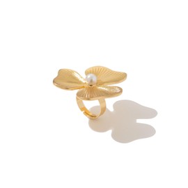 Chunky Gold Flower Ring for Women Non Tarnish Dainty 18K Gold Plated Clover Ring Adjustable Open Leaf Ring Trendy Lucky Statement Jewelry Gift (Clover+Pearl)