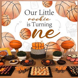 kreat4joy Basketball 1st First Birthday Decorations, Our Little Rookie is Turning One Backdrop Banner for My Rookie Year 1st Birthday Decorations Sports Theme Photography Background