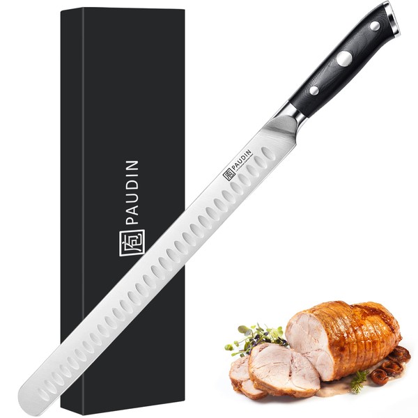 PAUDIN 12 Inch Carving Knife, Premium Slicing Knife with Granton Blade Meat Carving Knife for Smoked Brisket, BBQ Meat, Turkey Bread Knife Ergonomic G10 Handle