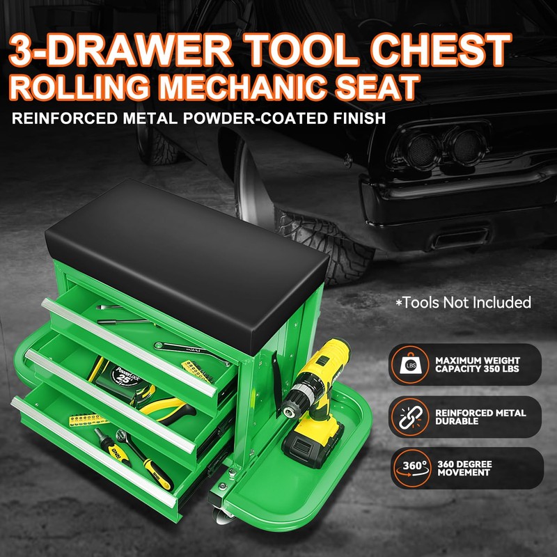 PM PERFORMOTOR 3-Drawer Tool Chest Rolling Mechanic Seat with Tool