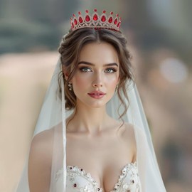 Crystal Tiaras and Crowns for Women - Wedding and Birthday Party Princess Crown Hair Accessories - Bride Rhinestone Headband（Gold+Red）