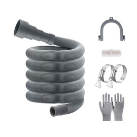 6.5 Ft Washing Machine Universal Drain Hose Flexible, Dishwasher Drain Hose Extension Kits, Corrugated Replacement Washer Hose Repair, 2 Clamps, 1 U-Bend Holder, 1 Adapter, 1 Protective gloves, Gray