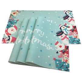 WAZAIGUR Christmas Placemats for Dining Table,Christmas Tree Santa Claus Snowman,Washable Heat Resistant PVC Dining Table Mats,Placemats Set of 4(Blue)