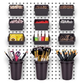 YYBD 24Pcs Pegboard Assortment Organizer Accessories Include Plastic Pegboard Bins Pegboard Cups with Hooks & Loops Black Square Round Pegboard Holders Tools Storage Kit for Garage Workshop Office
