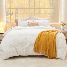 Litanika White Comforter Queen Size Set, 3 Pieces Lightweight Seersucker Bedding Comforters Sets, Soft Bed Set as Gifts (90x90In Comforter & 2 Pillowcases)