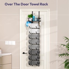 SWTYMIKI Over The Door Towel Rack - 9 Tier Towel Racks for Bathroom Wall Mounted, Towel Holder with Shelf, Hanging Rolled Towel Storage Organizer for Small Bathroom, Camper, RV, Black