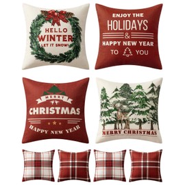MIULEE Christmas Tree Reindeer Wreath Pillow Covers Red Plaid Throw Pillow Covers Set of 4 Winter Holiday Cushion Case Decoration Farmhouse Modern for Sofa Couch Home Decor,18x18 Inch