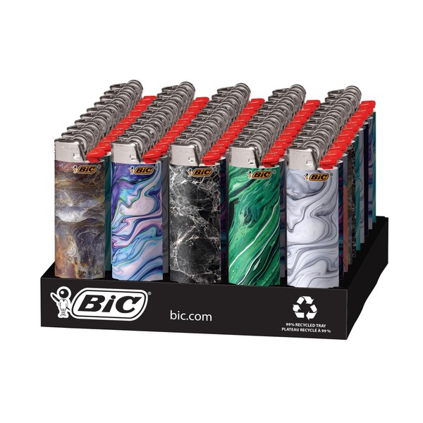 BIC Pocket Lighter, Special Edition Marble Collection, Assorted Unique Lighter Designs, 50 Count Tray of Lighters