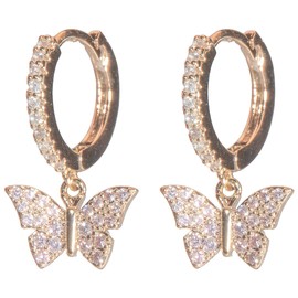 Aretes | Aretes tipo Arracadas con Mariposa de Zirconia Blanca en Chapa de Oro 18k | Aretes de Oro (Chapa de oro de 18k) |Joyeria para mujer | Regalos para mujer | Aretes Mujer | Aleah Jewelry