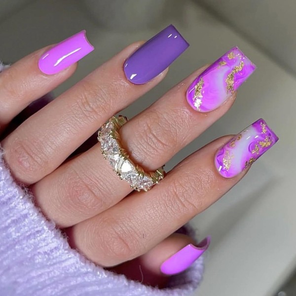 MISUD Press on Nails Long Square Fake Nails Glossy Glue