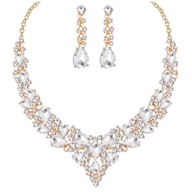 Chaoyite Women's Statement Necklace Earrings Set for Bride Austrian Crystal Wedding Bridal Costume Jewelry Sets, Metal, Crystal Rhinestone