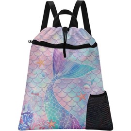 Britown Mermaid Tail Drawstring Backpack, 15” x 17” Waterproof Swim Bag for Beach Swimming Pool, Lightweight Foldable Gym Bag with Water Bottle Holder for Sports Travel