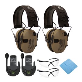 Walker's Razor Slim Electronic Shooting Hearing Protection Muffs (American Flag Distressed Tan, 2-Pack) Bundle with Walkie-Talkie Attachment, Glasses (2-Pack) and Cleaning Cloth (7 Items)
