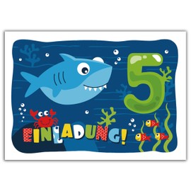 6 Invitation Cards with 6 Envelopes for 5th Children's Birthday Boys Girls Shark Invitations for Birthday