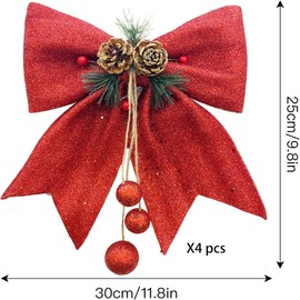 JOJAZE 4PCS Christmas Bows Sequin Wreaths Decoration Red Bows Ties Christmas Tree Topper Glitter for Wreaths with Pine Cone and Red Berry Balls for Christmas Tree Xmas Party Wreaths Decoration