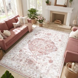 ANSSO 5x7 Area Rug for Living Room, Machine Washable Low Pile Rugs, Non-Slip Backing Vintage Carpet for Bedroom, Dining Room, Home Office Decor Blush Pink