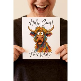 Holy Cow Birthday Card, Colourful Highland Cow Design, 15 cm Square, Blank Inside with Kraft Envelope