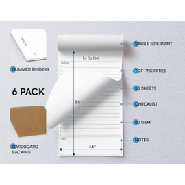 Better Office Products Mini To Do List Notepads, 5.5" x 8.5", Planning Note Pads, 50 Sheets, Daily Agenda Productivity Checklist Organizer, 300 Total Sheets (6 Pack)