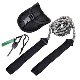 Pocket Chainsaw Emergency Outdoor Survival Gear Folding Chain Hand Saw with Fire Starter Carry Pouch for Camping, Hunting, Tree Cutting, Hiking, Backpacking (Black handle 25inch-11teeth)