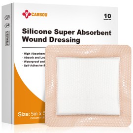 Carbou Silicone Super Absorbent Wound Dressing 5" x 5", 10 Individual Pack