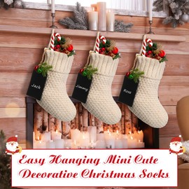 Zubebe 12 Pieces Christmas Mini Stockings Knitted Xmas Stocking Rustic with 12 Pieces Name Tags Family Xmas Fireplace Hanging Stockings Holiday Decorations Stockings (White)